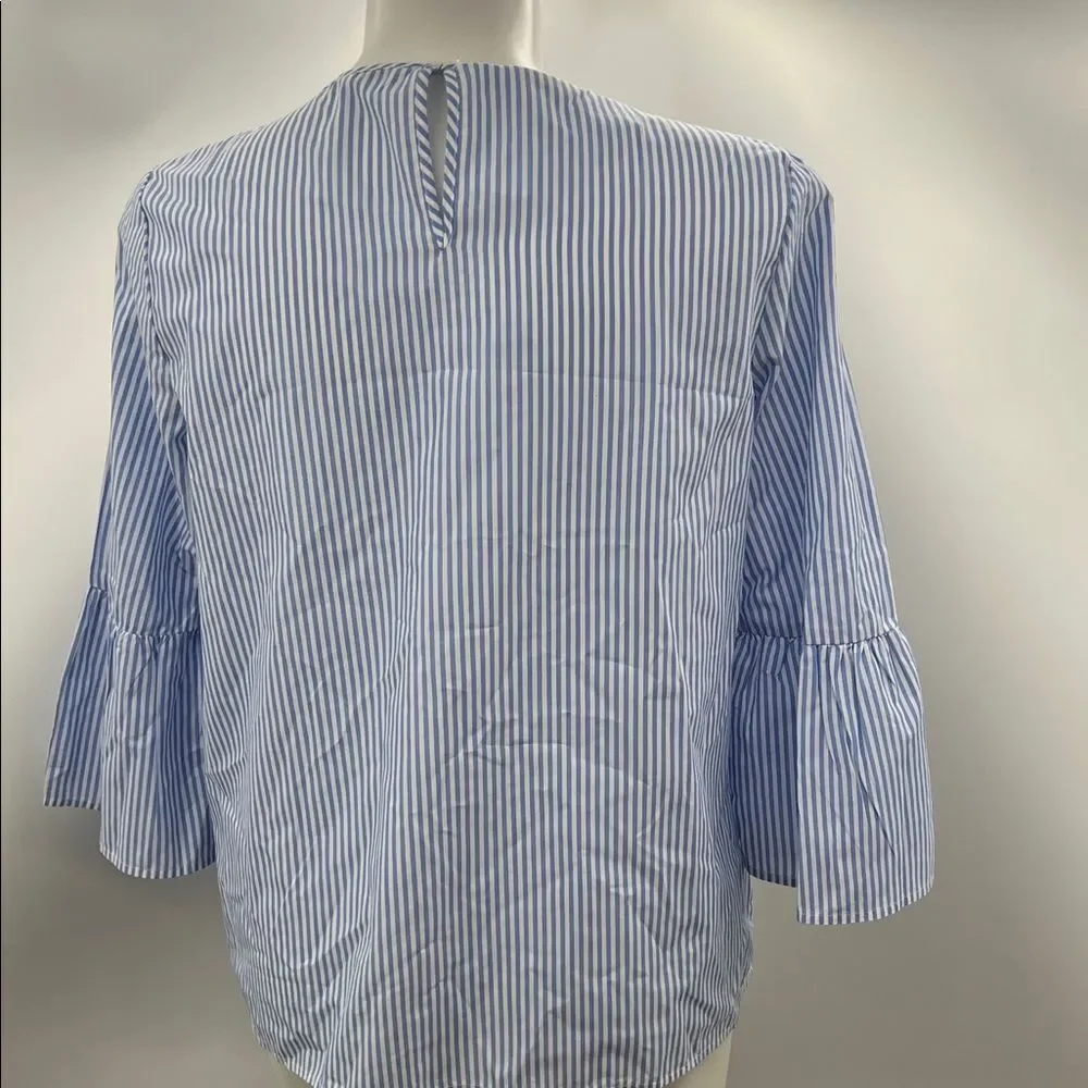 Crown & Ivy Blue Striped Blouse with Orange Floral Design